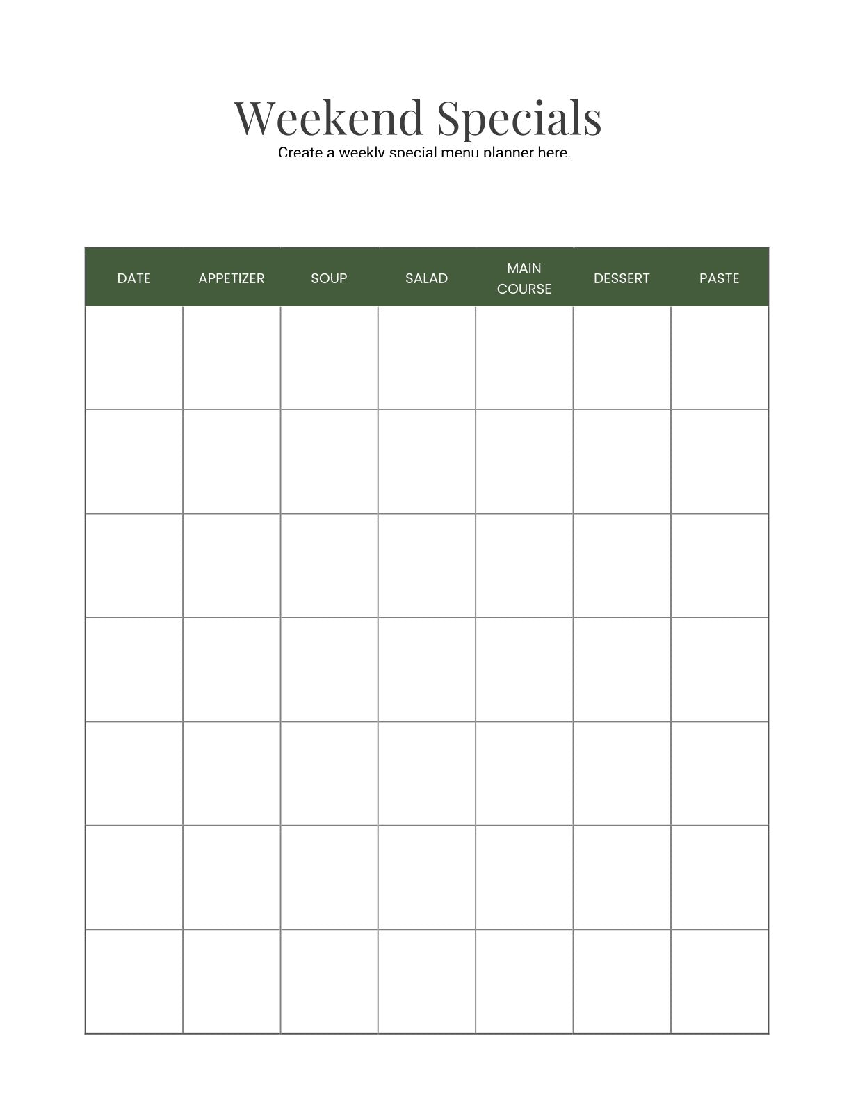 Free Menu Planner Template