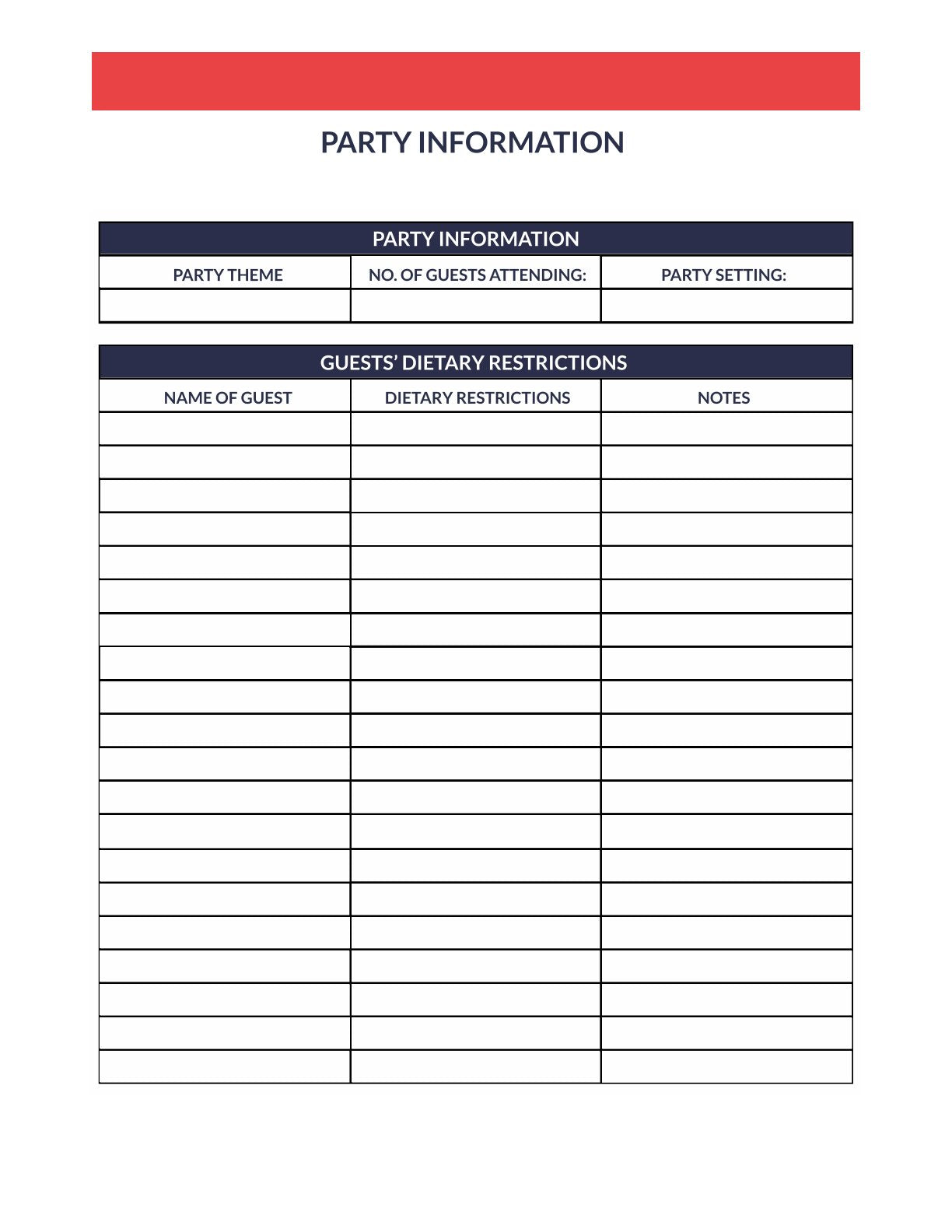 Free Party Menu Planner Template