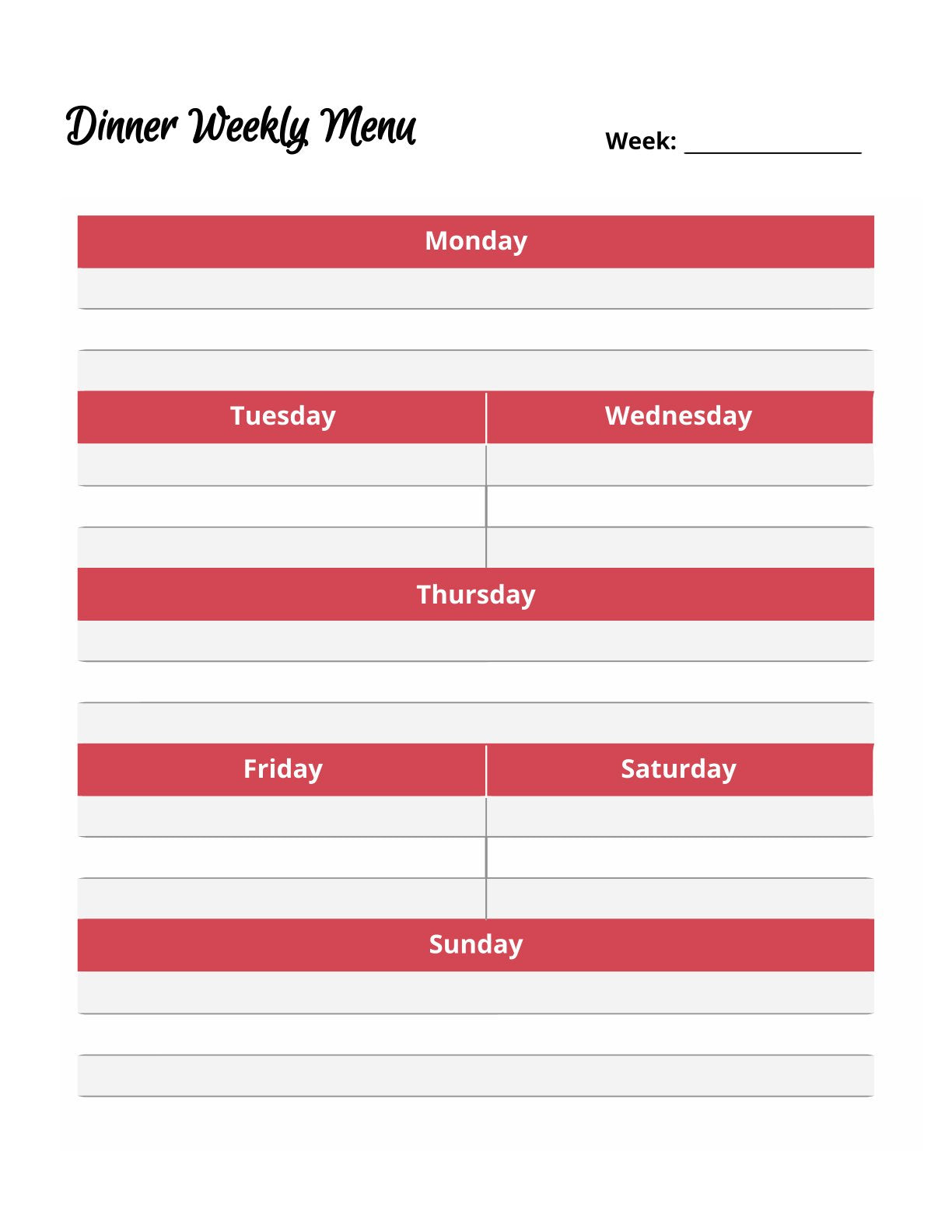 Free Dinner Menu Planner Template