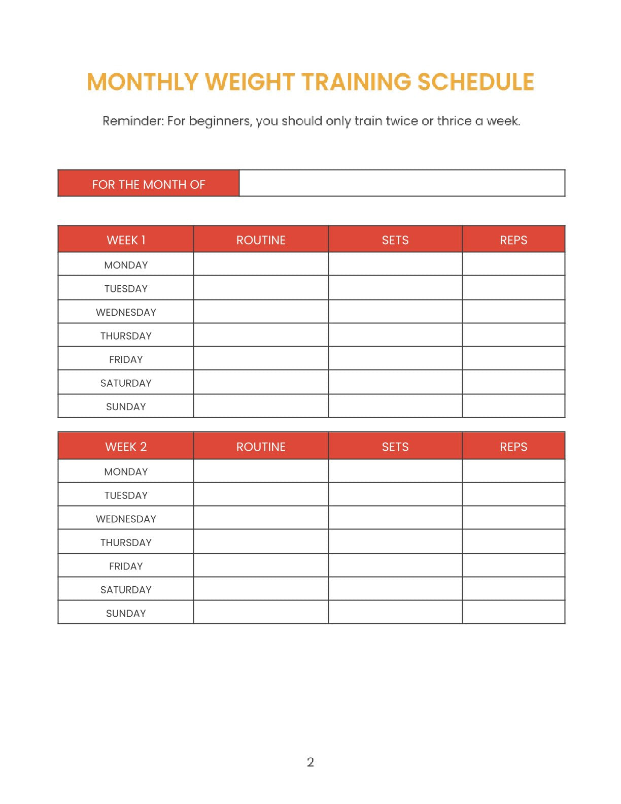 Free Weight Training Planner Template