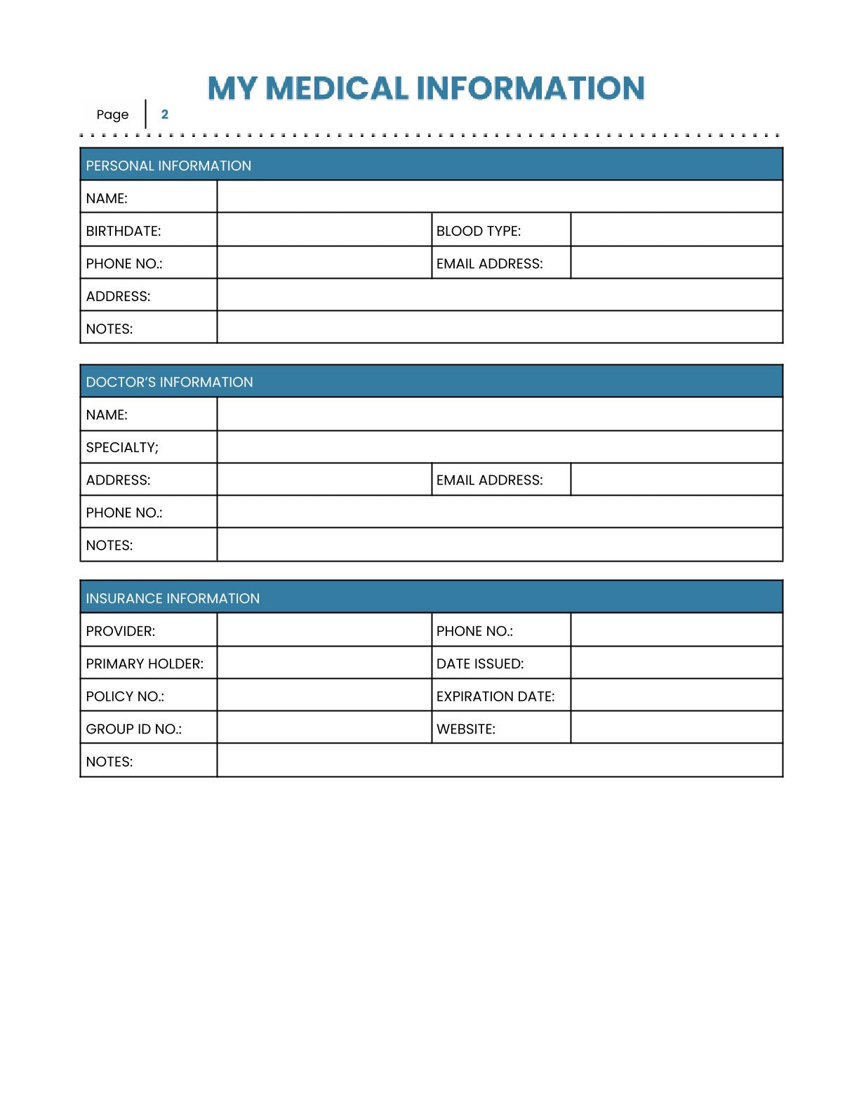 Free Medical History Planner Template