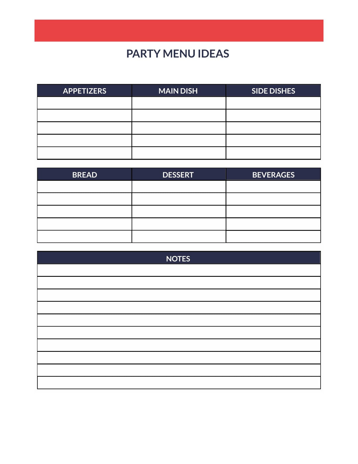 Free Party Menu Planner Template