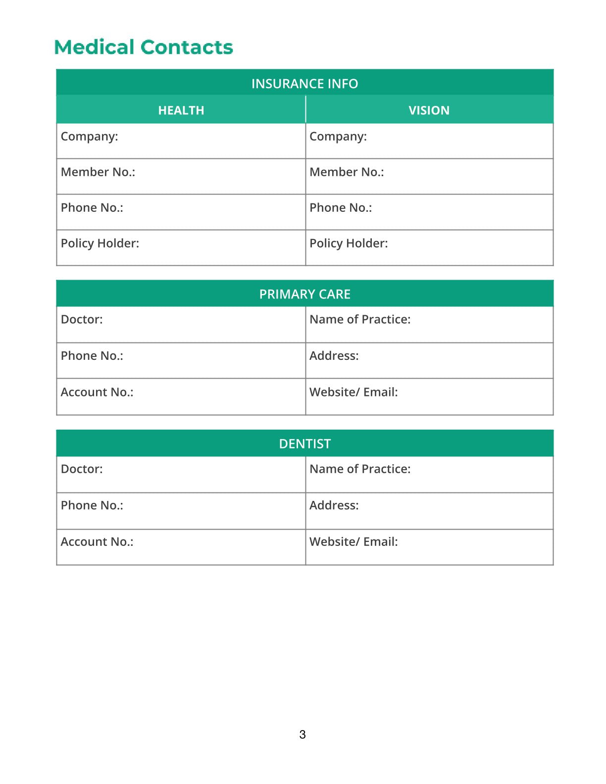 Free Family Medical Planner Template