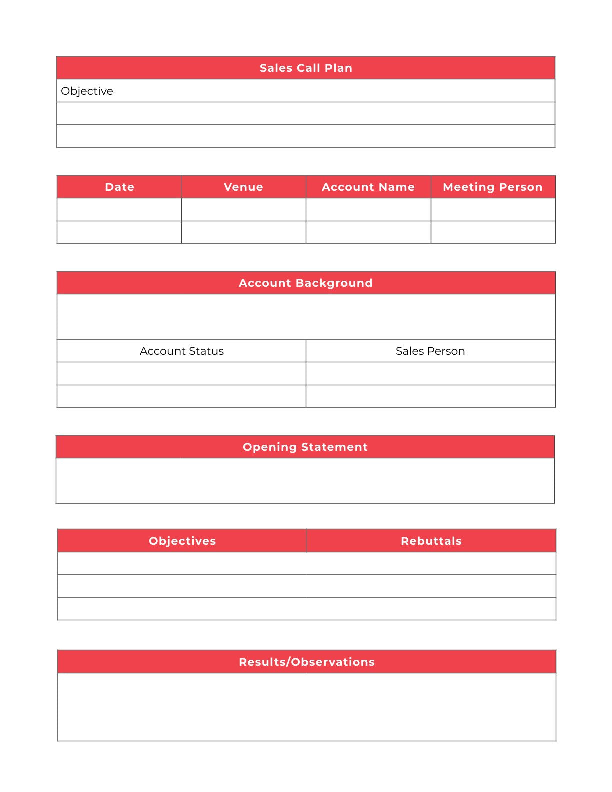 Free sales call Planner Template