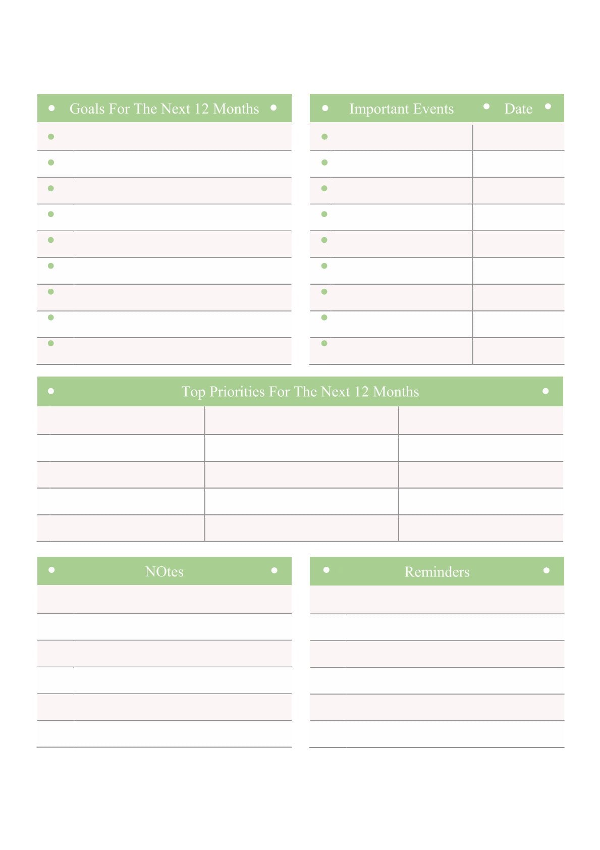 Free 12 Month Life Planner Template