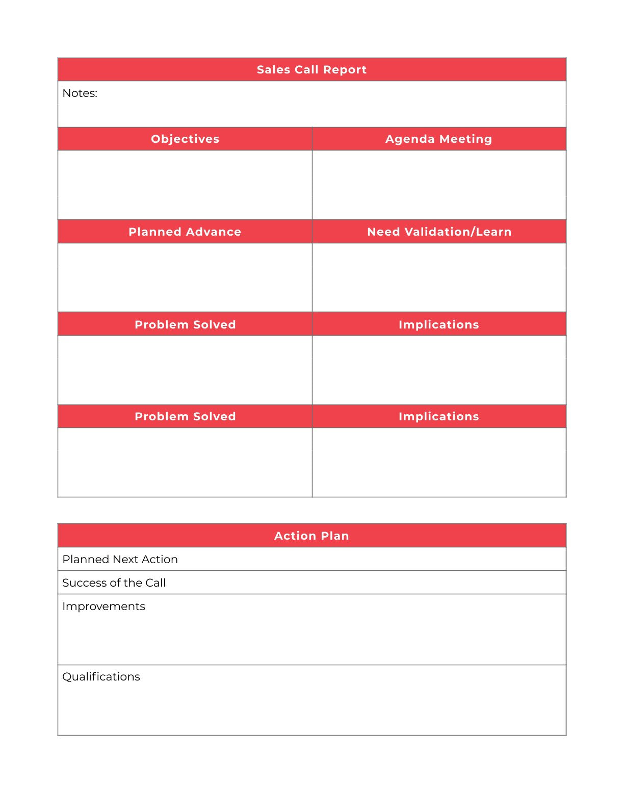 Free sales call Planner Template