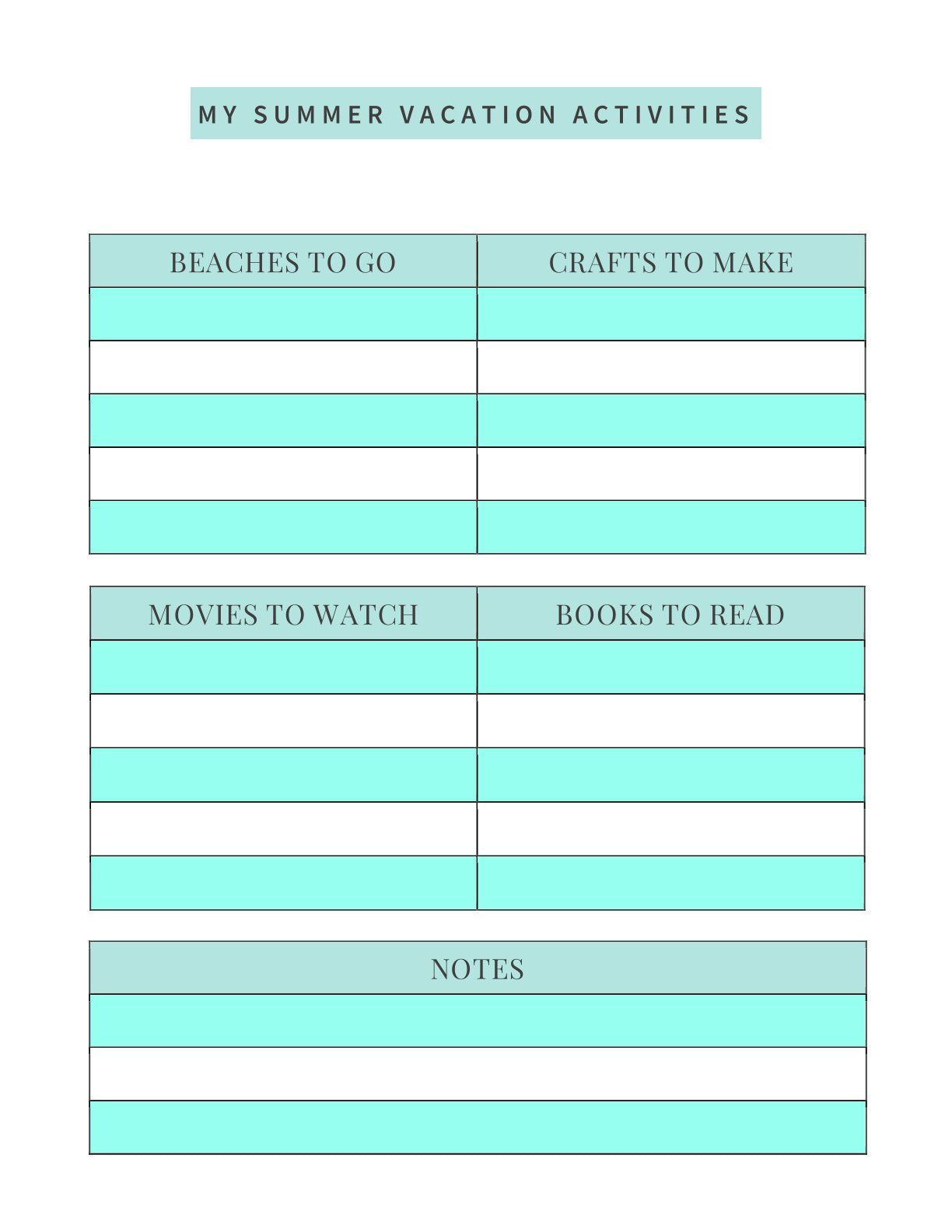 Free Summer Vacation Planner Template