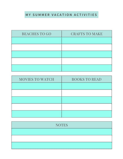 Free Summer Vacation Planner Template