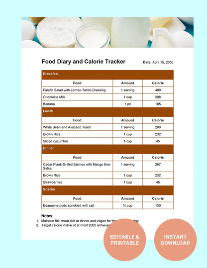 Free Food Diary and Calorie Tracker Template