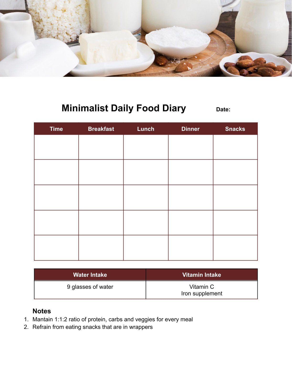 Free Minimalist Daily Food Diary Template