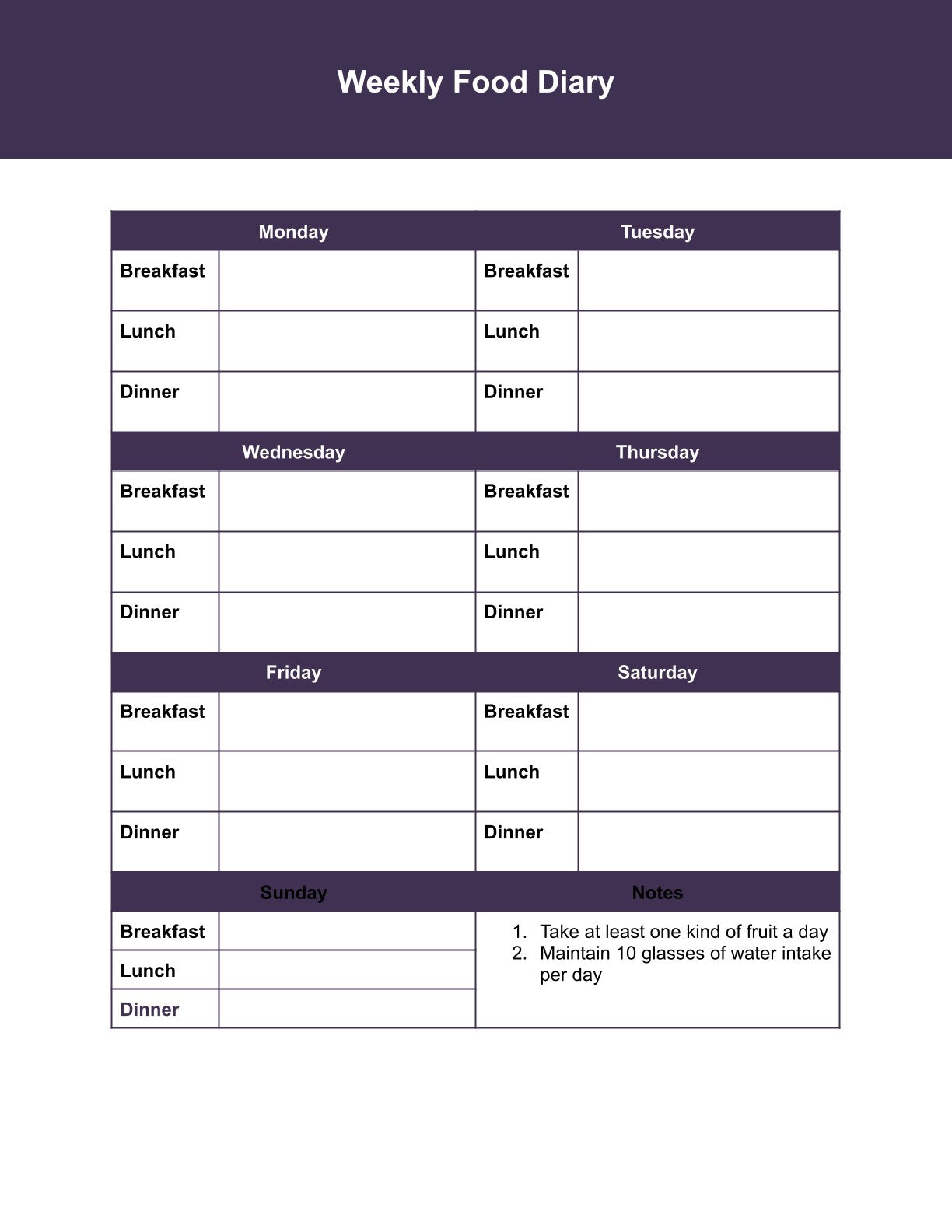 Free Weekly Food Diary Template